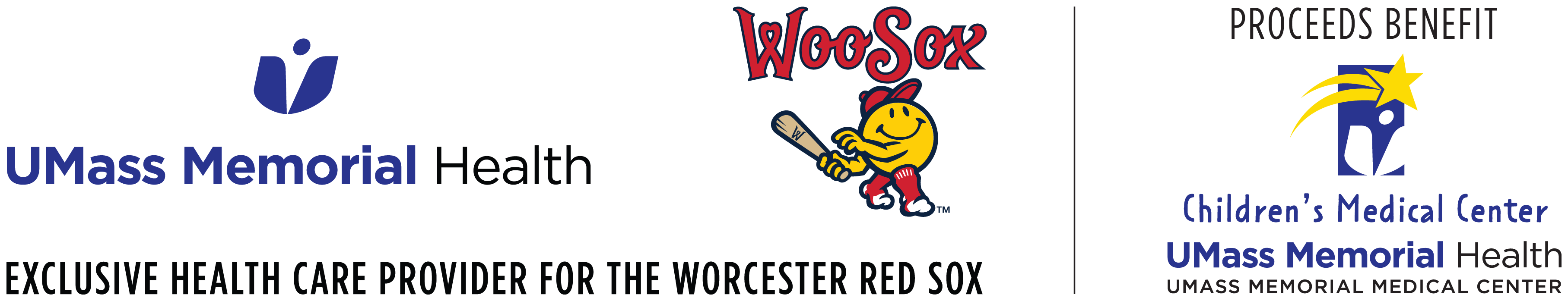 The UMass Memorial Health, WooSox, and Children's Medical Center logos with the text 'Exclusive health care provider for the Worcester Red Sox'.