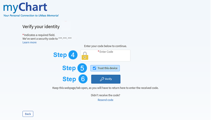 myChart's Verify your identity page has three elements: a field to enter your 6-digit code, a checkbox to trust the device you are using and a Verify button.