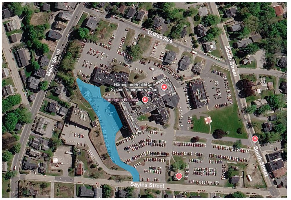 A top-down map of Harrington Hospital's Southbridge campus marking what lots are impacted by paving.