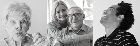 Three black and white images are side by side, on the left is a mature woman blowing bubbles, the middle is a young woman hugging a mature man, the right is an adult looking up and laughing.