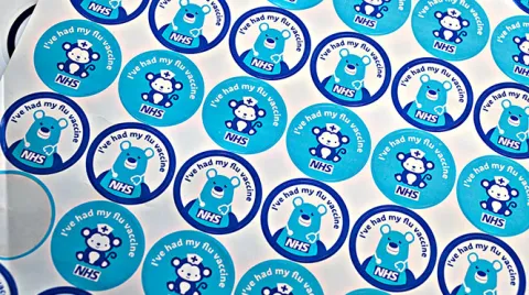 Stickers ready to give to children at a clinic for children of health care workers at the Royal Cornwall Hospital on December 16, 2025 in Truro, England. 