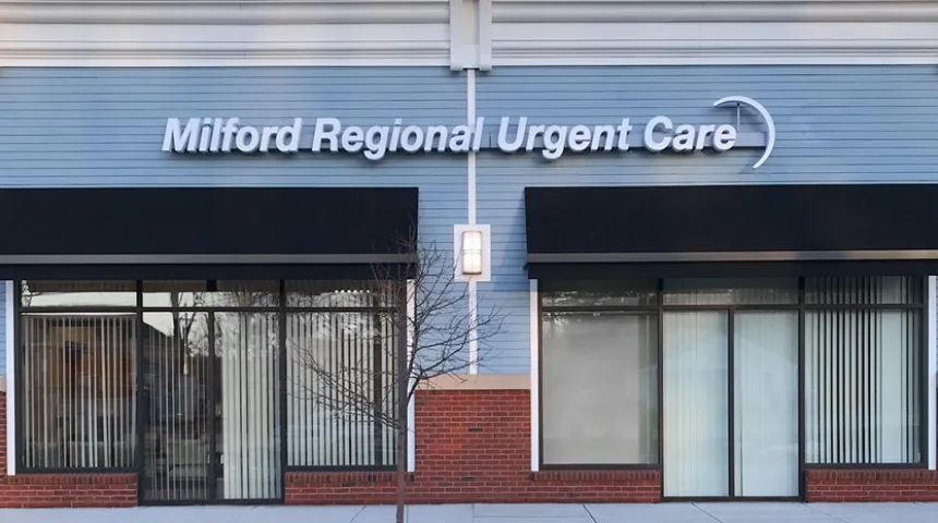 An exterior photo of the Milford Regional Urgent Care location in Hopkinton, Massachusetts